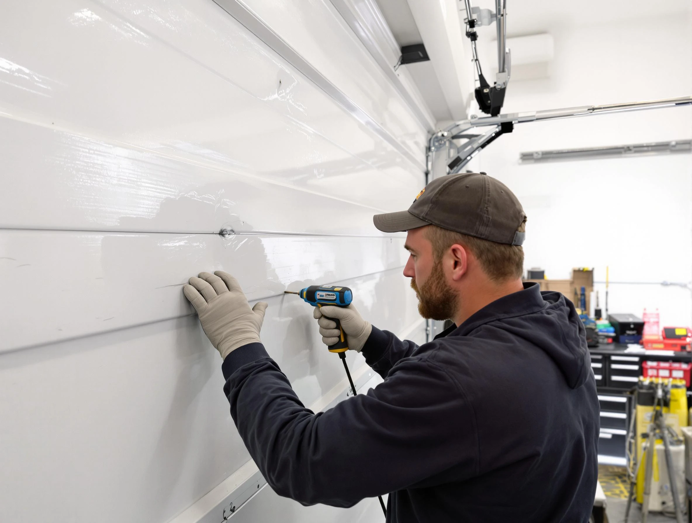 Homewood Garage Door Repair technician demonstrating precision dent removal techniques on a Homewood garage door